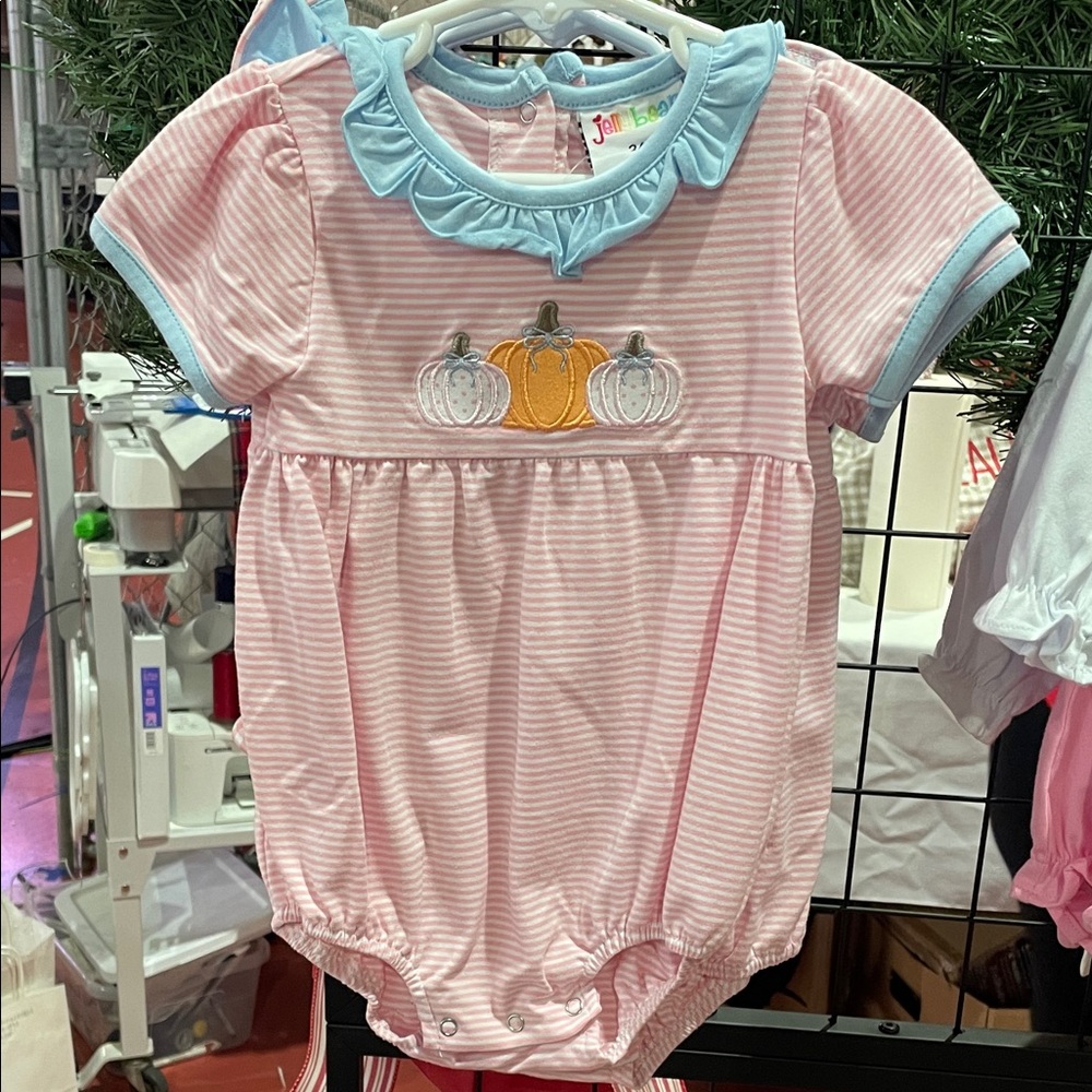 Jen Baby Pink Striped Bodysuit with Pumpkin Embroidery